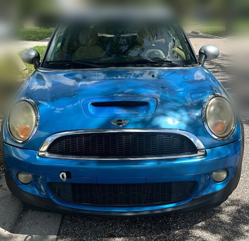 Front view of the blue 2008 MINI Cooper Clubman S documented in the slipped timing-chain case study, cropped to the vehicle