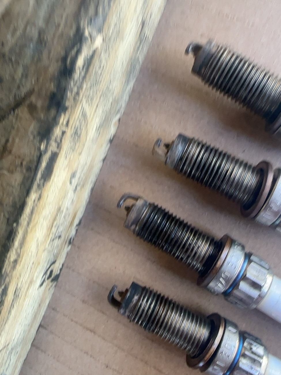 Four removed spark plugs laid side by side