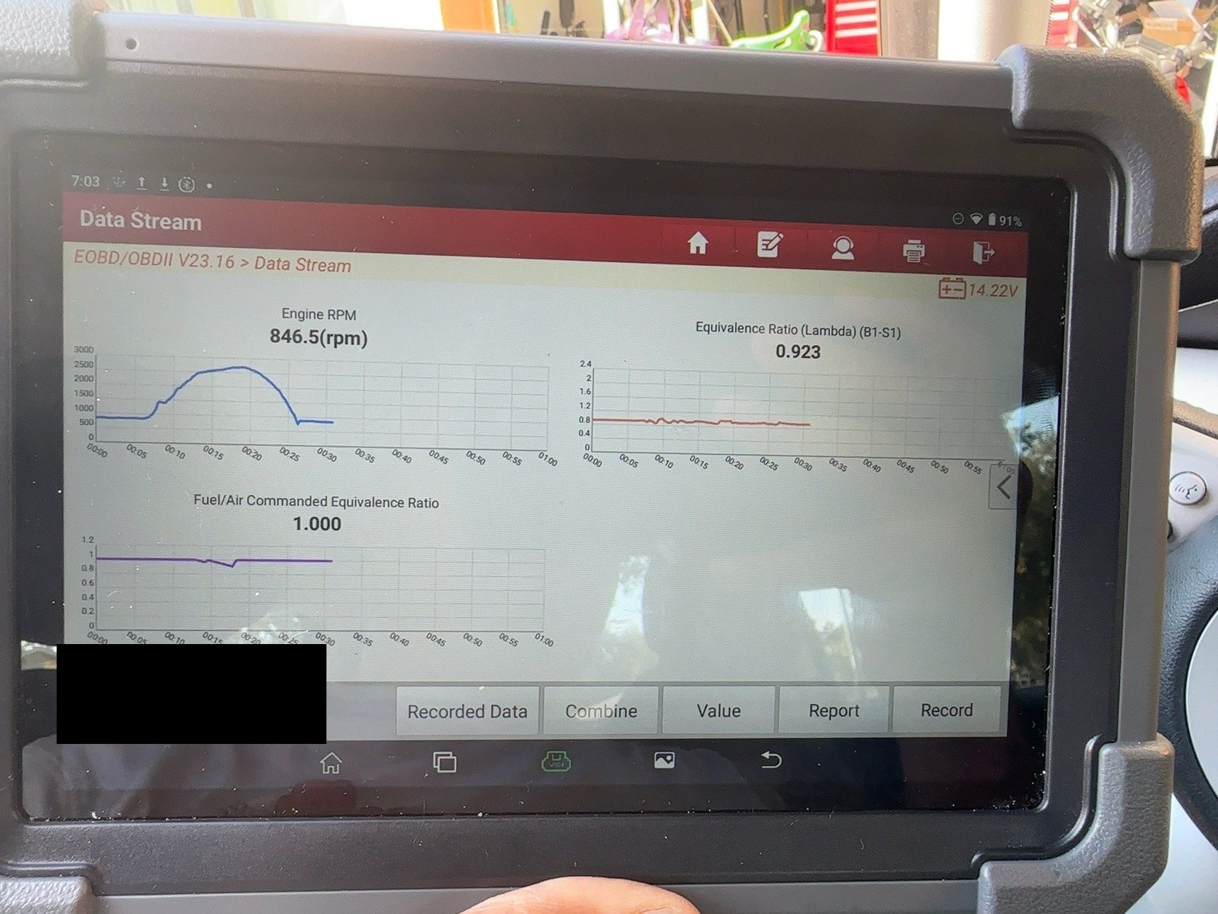 Generic OBD data stream showing engine RPM 846.5, fuel air commanded equivalence ratio 1.000 and measured B1-S1 equivalence ratio 0.923 with an RPM trace rising to about 2,500 and returning to idle