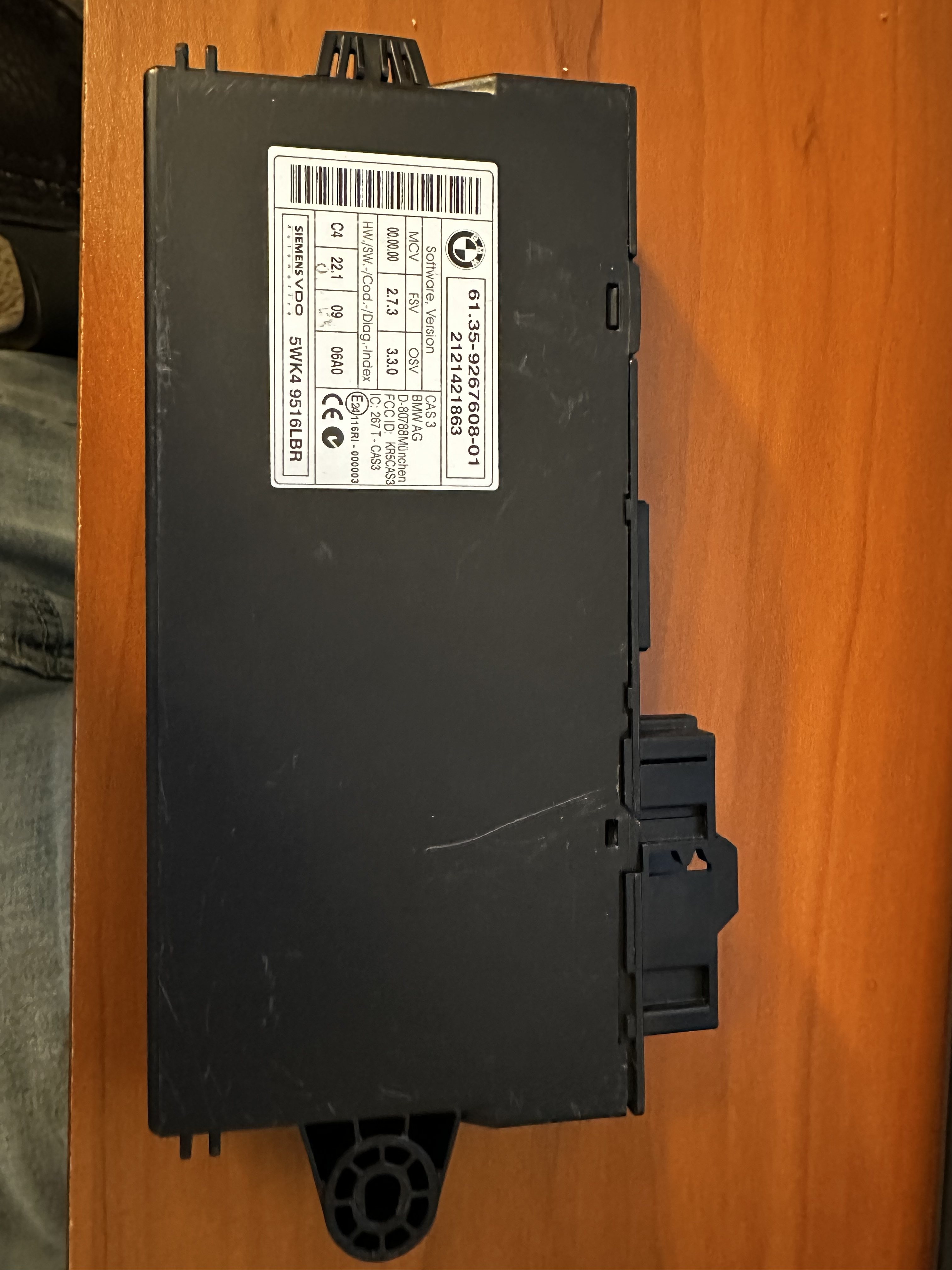 Label on a Siemens VDO CAS3 module showing the BMW part number, software version and hardware, coding and diagnostic index