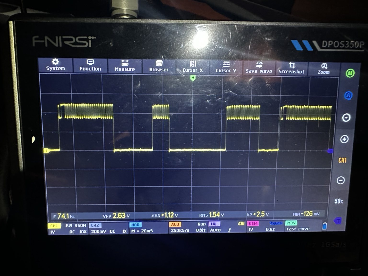 Oscilloscope capture of the camshaft position sensor signal, 74.1 Hz square wave at 2.63 V peak to peak