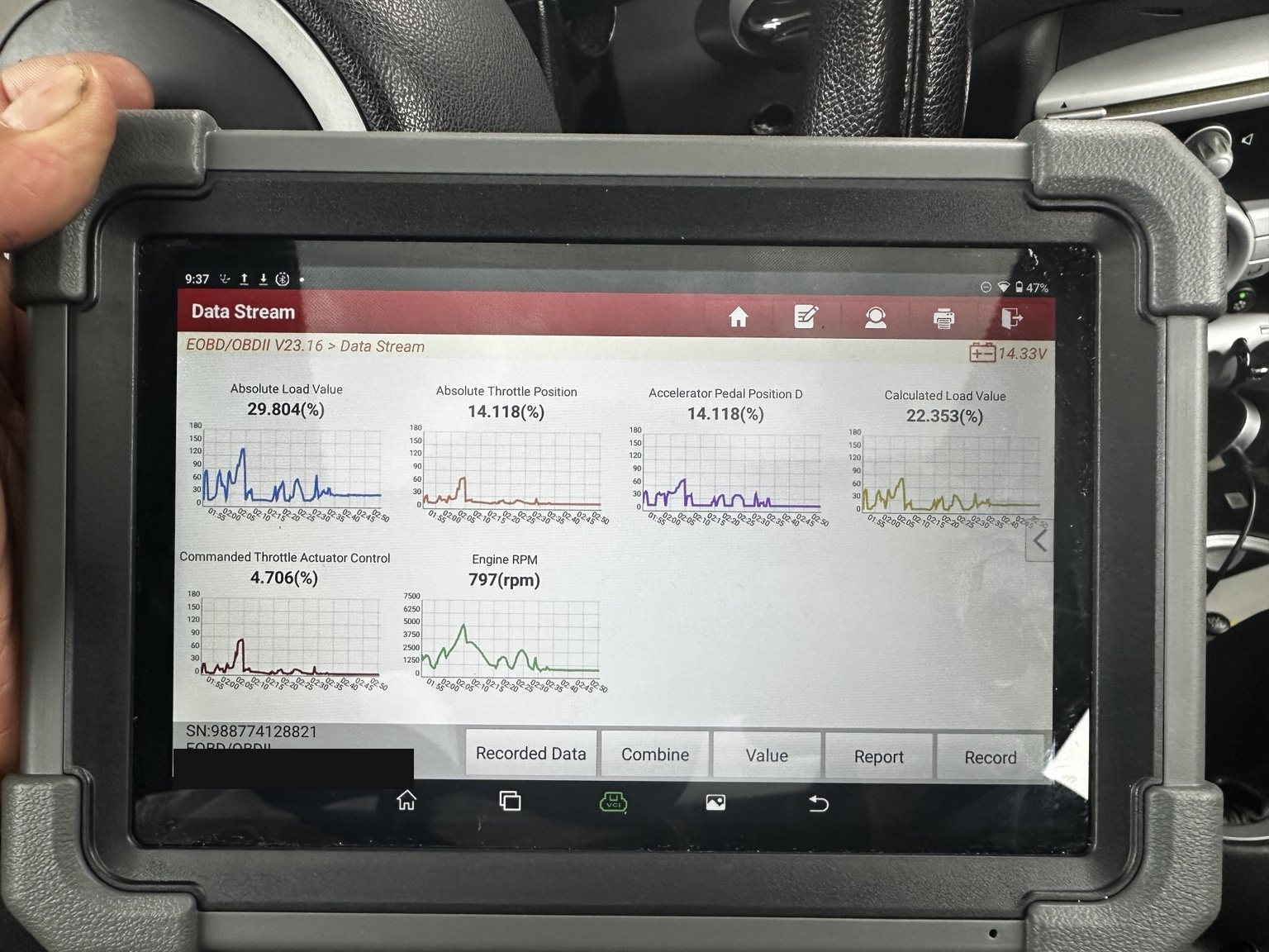 Scan tool data stream showing engine RPM of 797 with absolute load at 29.8 percent
