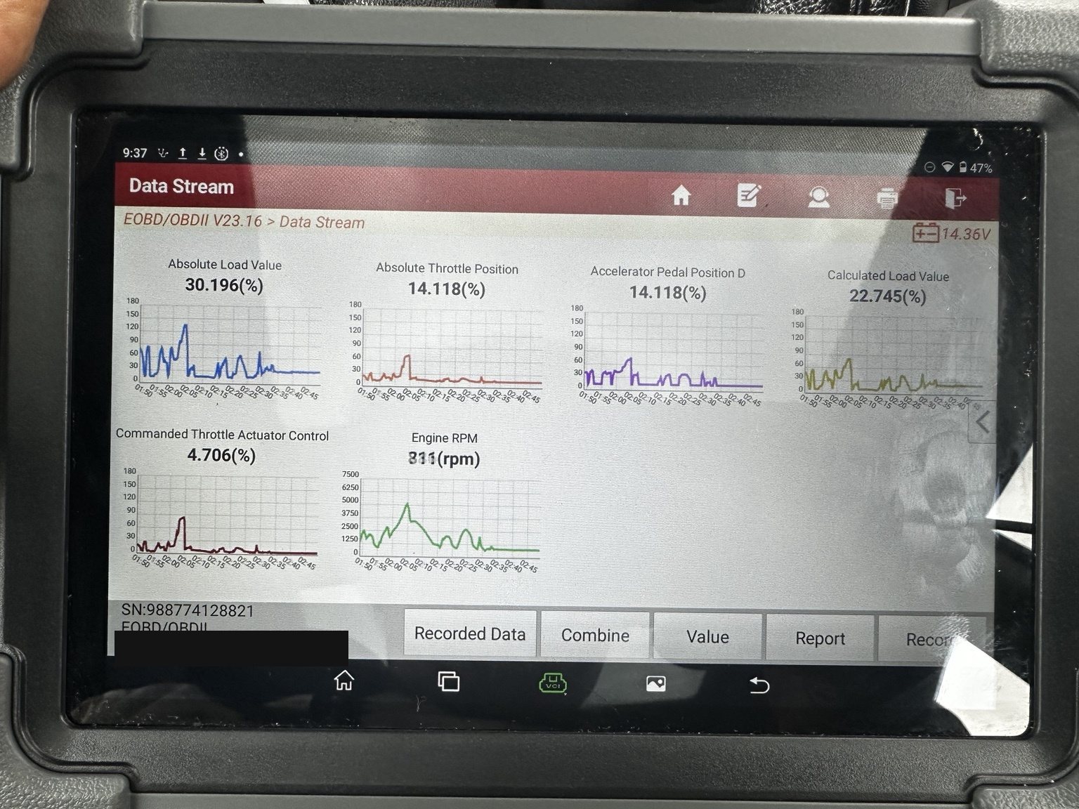 Scan tool data stream recorded during the road test showing engine RPM of 811