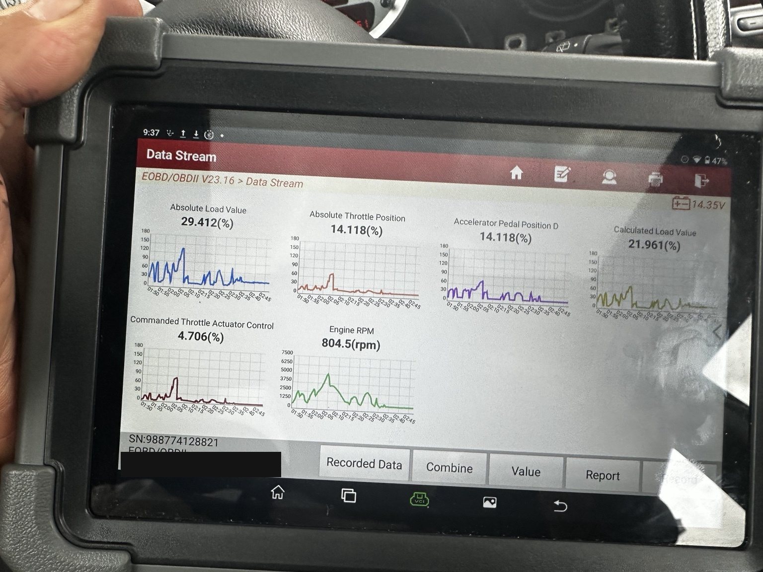 Scan tool data stream showing engine RPM of 804.5 and calculated load of 21.9 percent