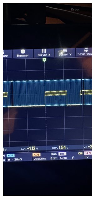 Close view of the same oscilloscope capture showing the camshaft signal block sitting on top of the dense crankshaft pulse train