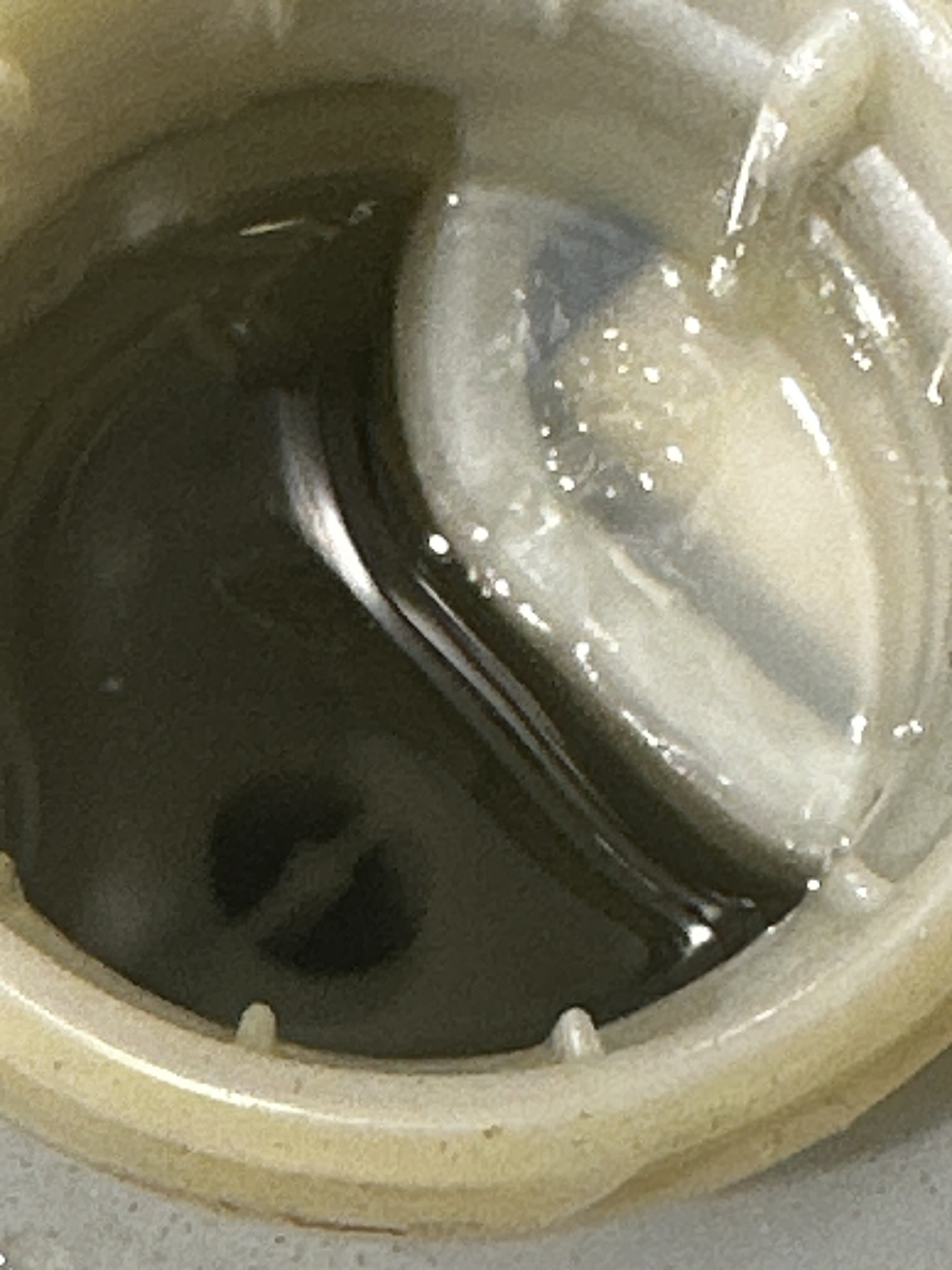 Dark brown brake fluid in the master cylinder reservoir, viewed through the filler neck with the cap removed