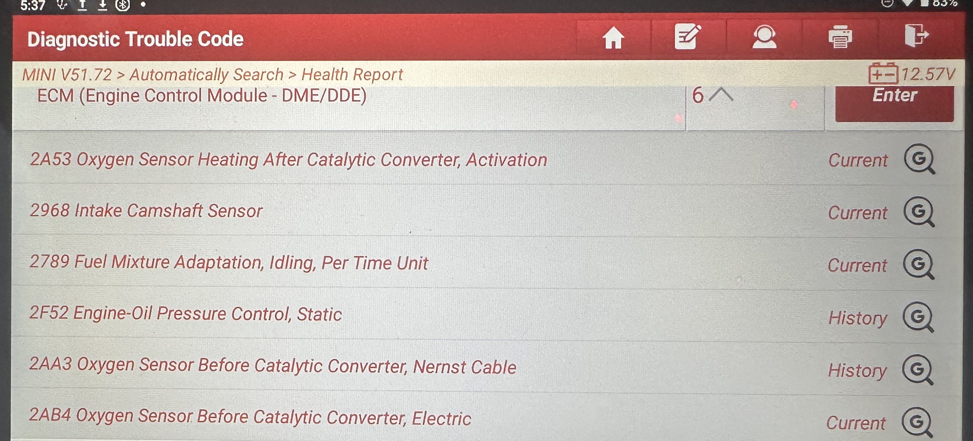 Scan tool showing six DME fault codes on the 2013 MINI Paceman after the valve repair, with identifying details cropped out
