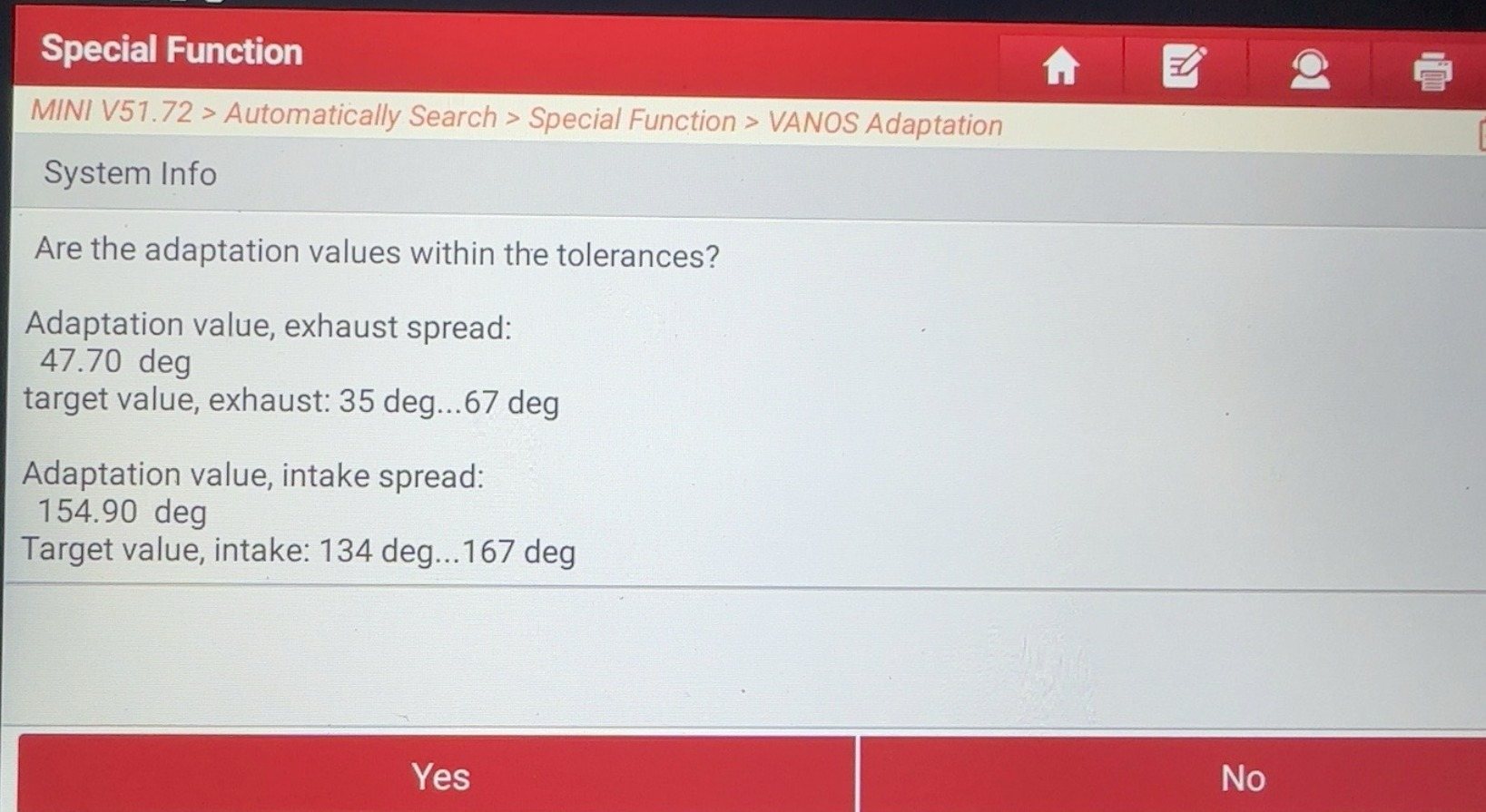 Scan tool VANOS adaptation screen showing exhaust spread 47.70 degrees and intake spread 154.90 degrees, both inside their target ranges