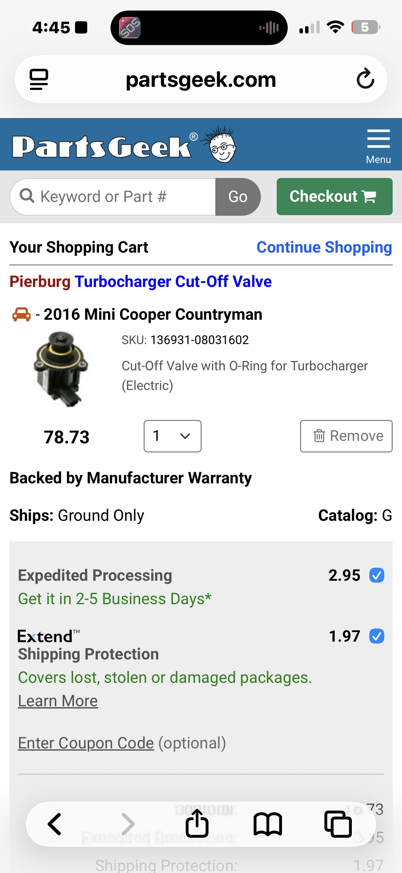 Online parts cart showing a Pierburg turbocharger cut-off valve with O-ring listed for a 2016 MINI Cooper Countryman at 78.73 dollars