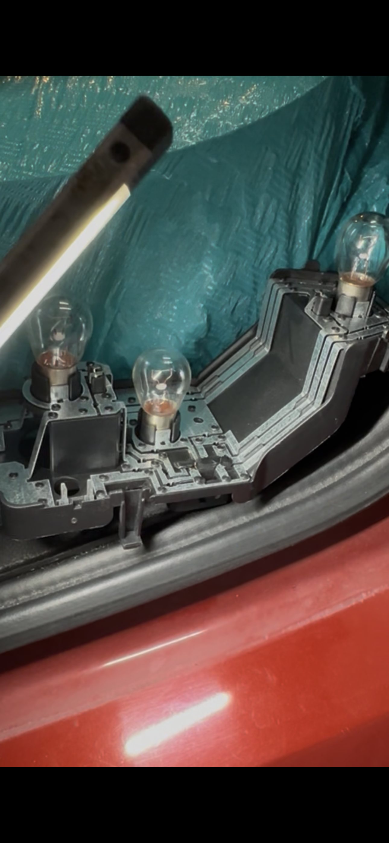 Removed passenger rear-light bulb carrier showing four bulbs and the molded conductive tracks between them